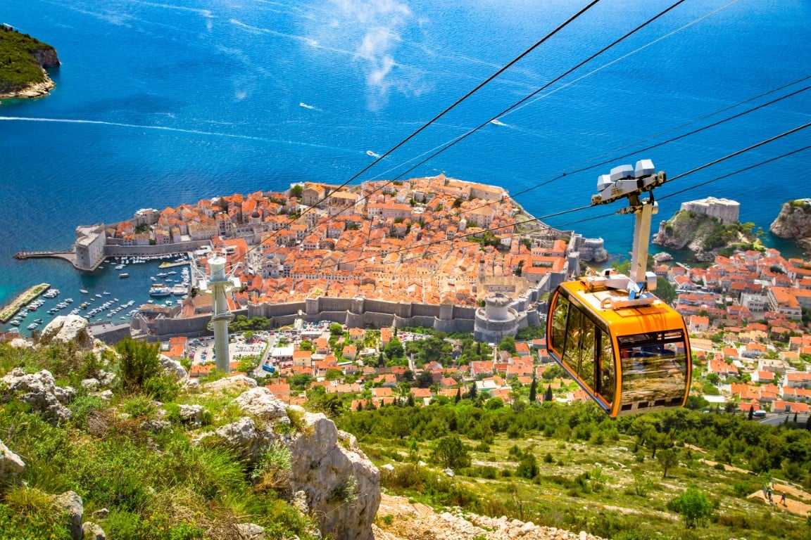 Old town of Dubrovnik Croatia with cable car ascending Srd mountain Dalmatia