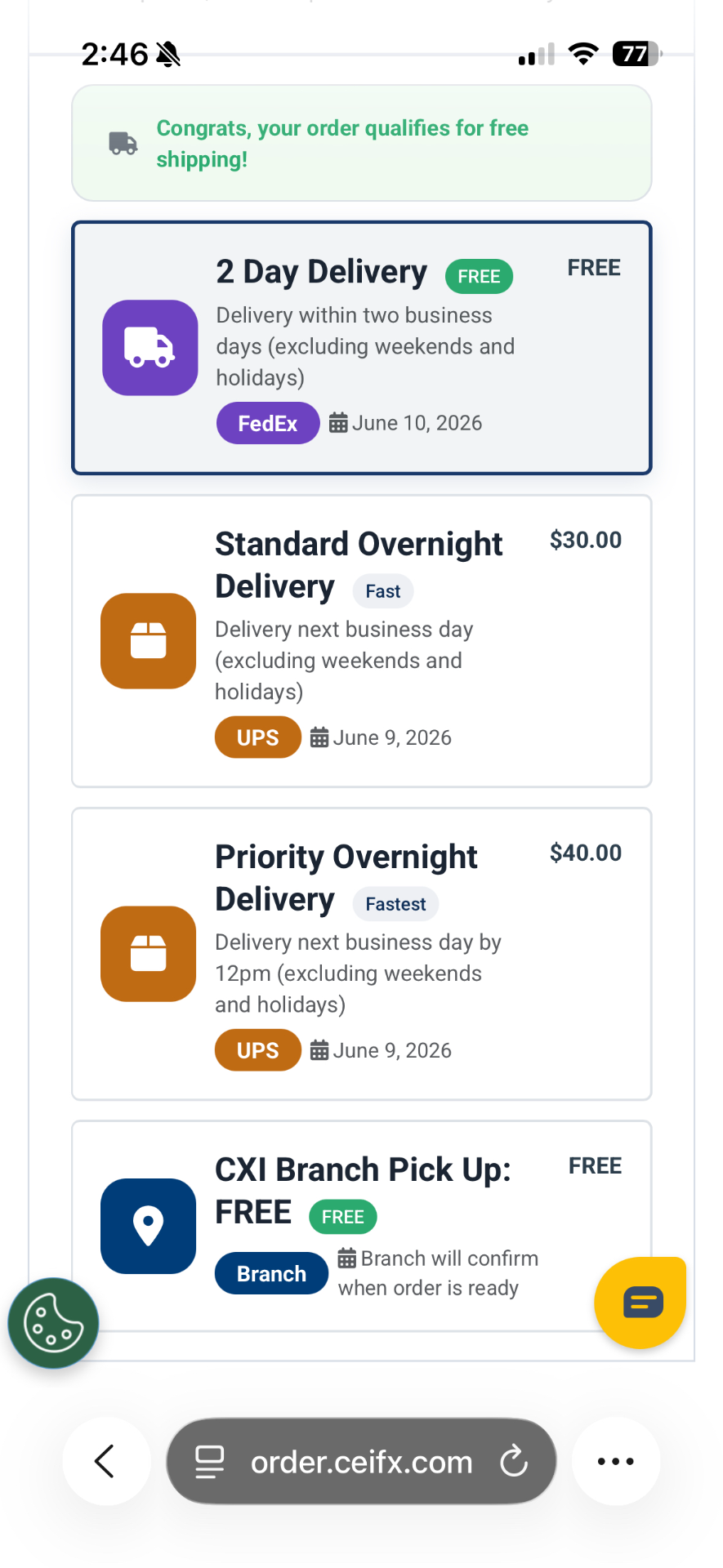 CXI checkout — all delivery options