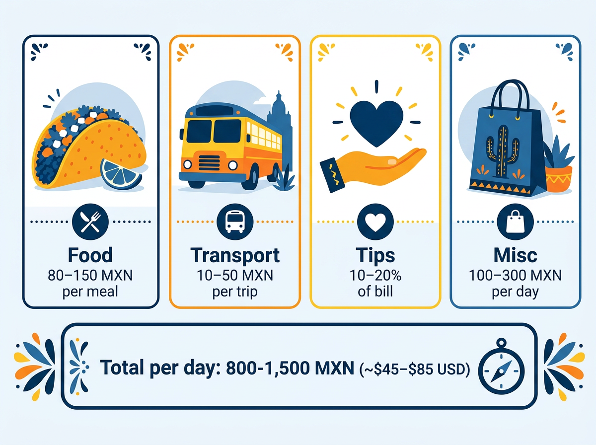 Daily cash budget for Mexico: food, transport, tips, and miscellaneous totaling 800–1,500 MXN