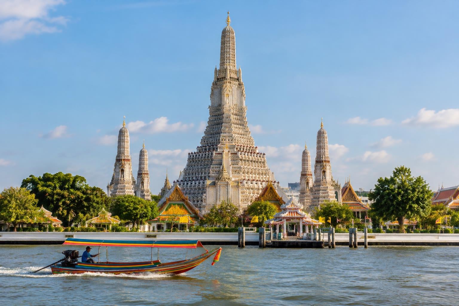 Travel illustration of Wat Arun beside Bangkok's Chao Phraya River