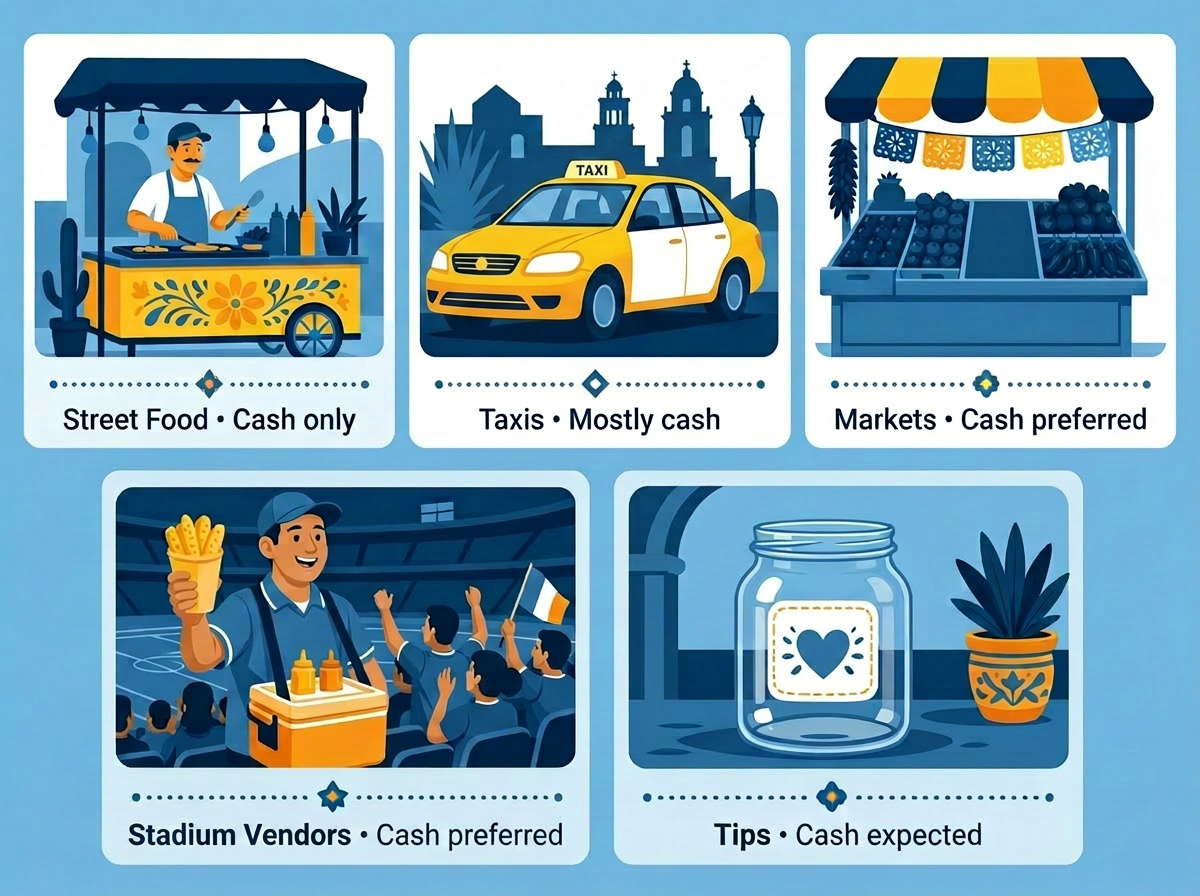 Street food, taxis, markets, stadium vendors, and tips in Mexico—all cash-first