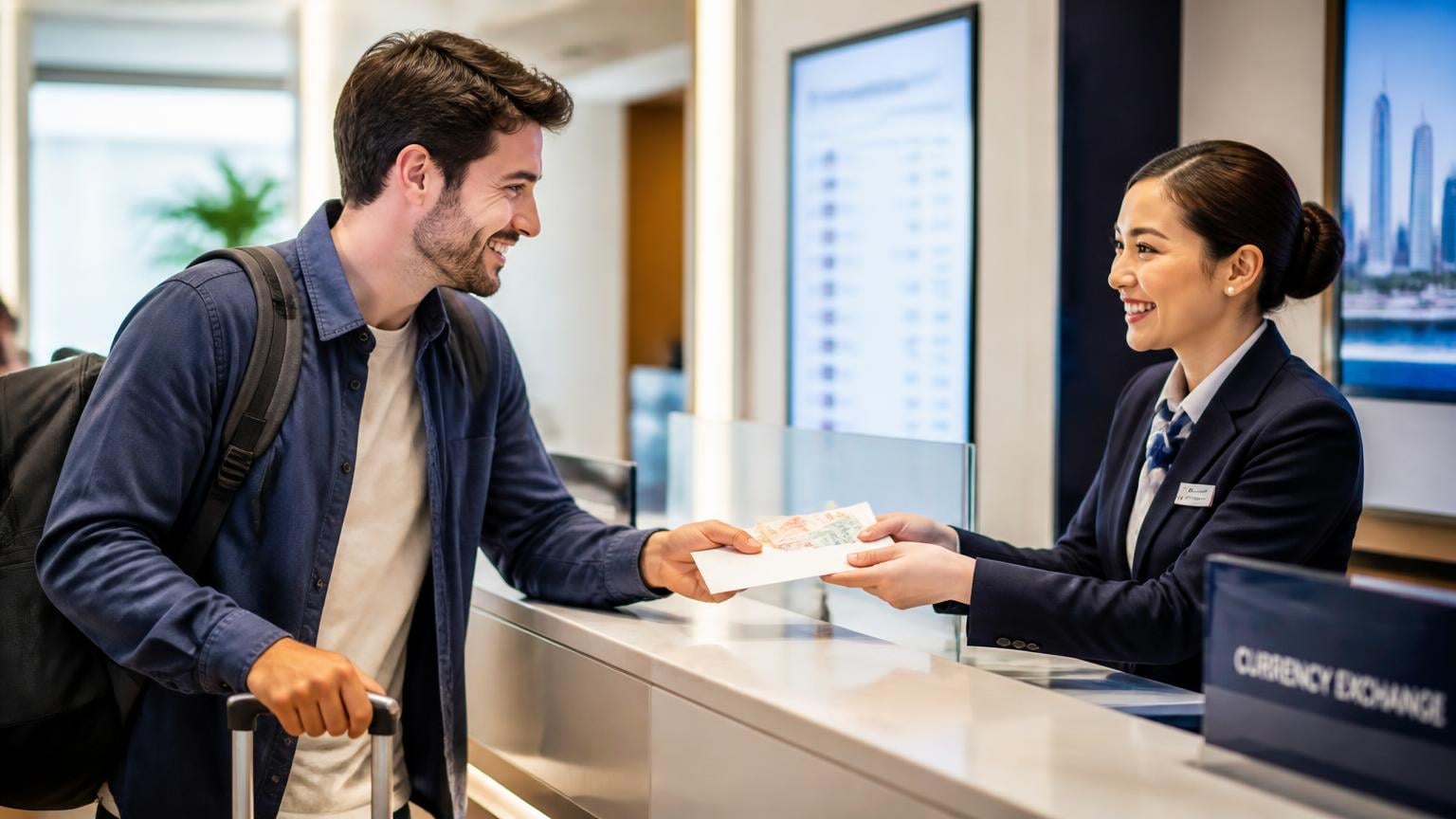 Traveler receiving an envelope of foreign currency at an exchange counter before departure