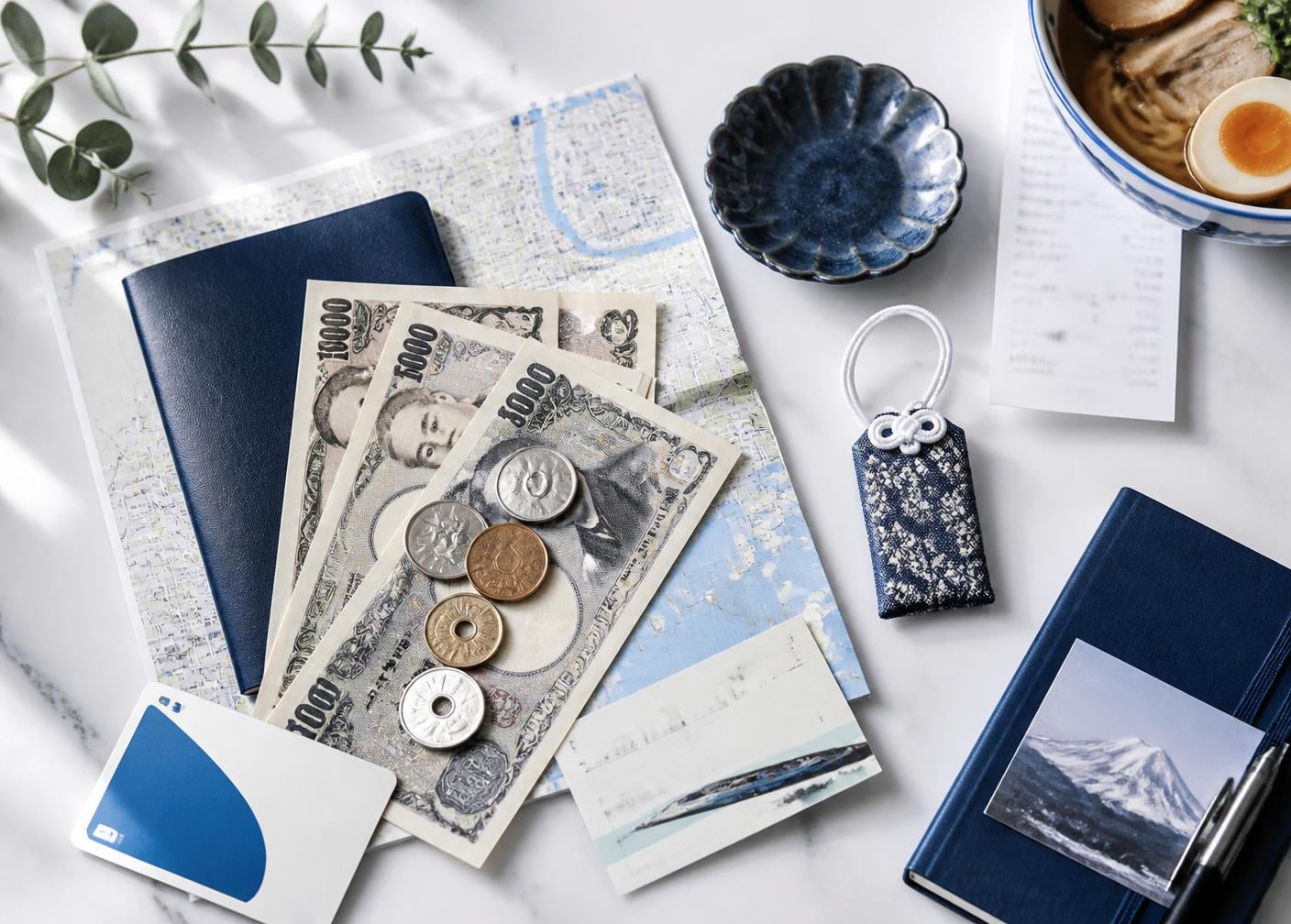 Japanese yen, a transit card, a map, and travel essentials