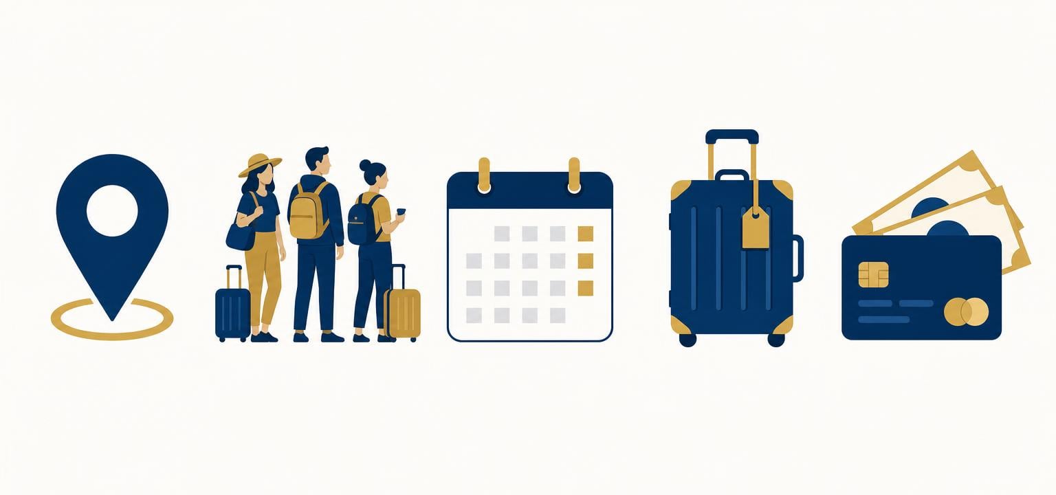 Icons representing destination, number of travelers, trip length, travel style and payment preference