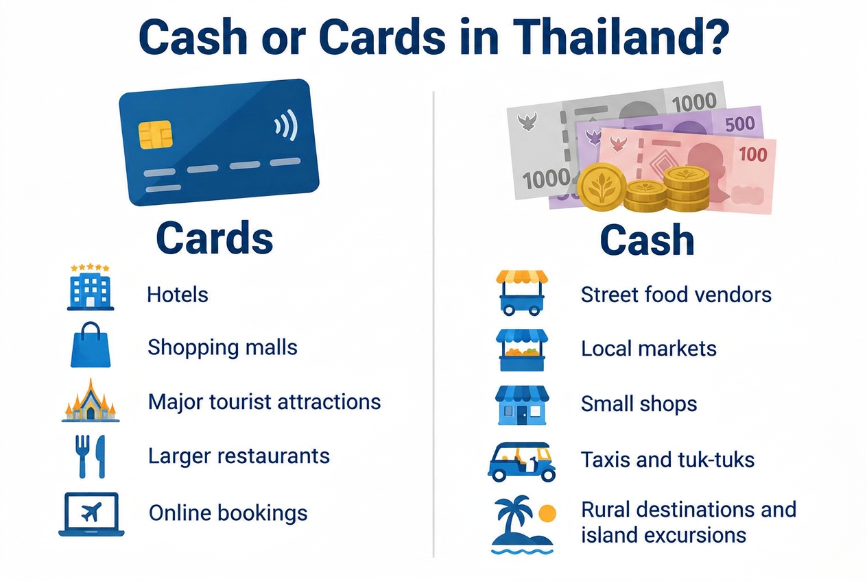 Cards are commonly accepted at hotels, shopping malls, major tourist attractions, larger restaurants, and online bookings. Cash is commonly useful for street food vendors, local markets, small shops, taxis and tuk-tuks, and rural destinations and island excursions.