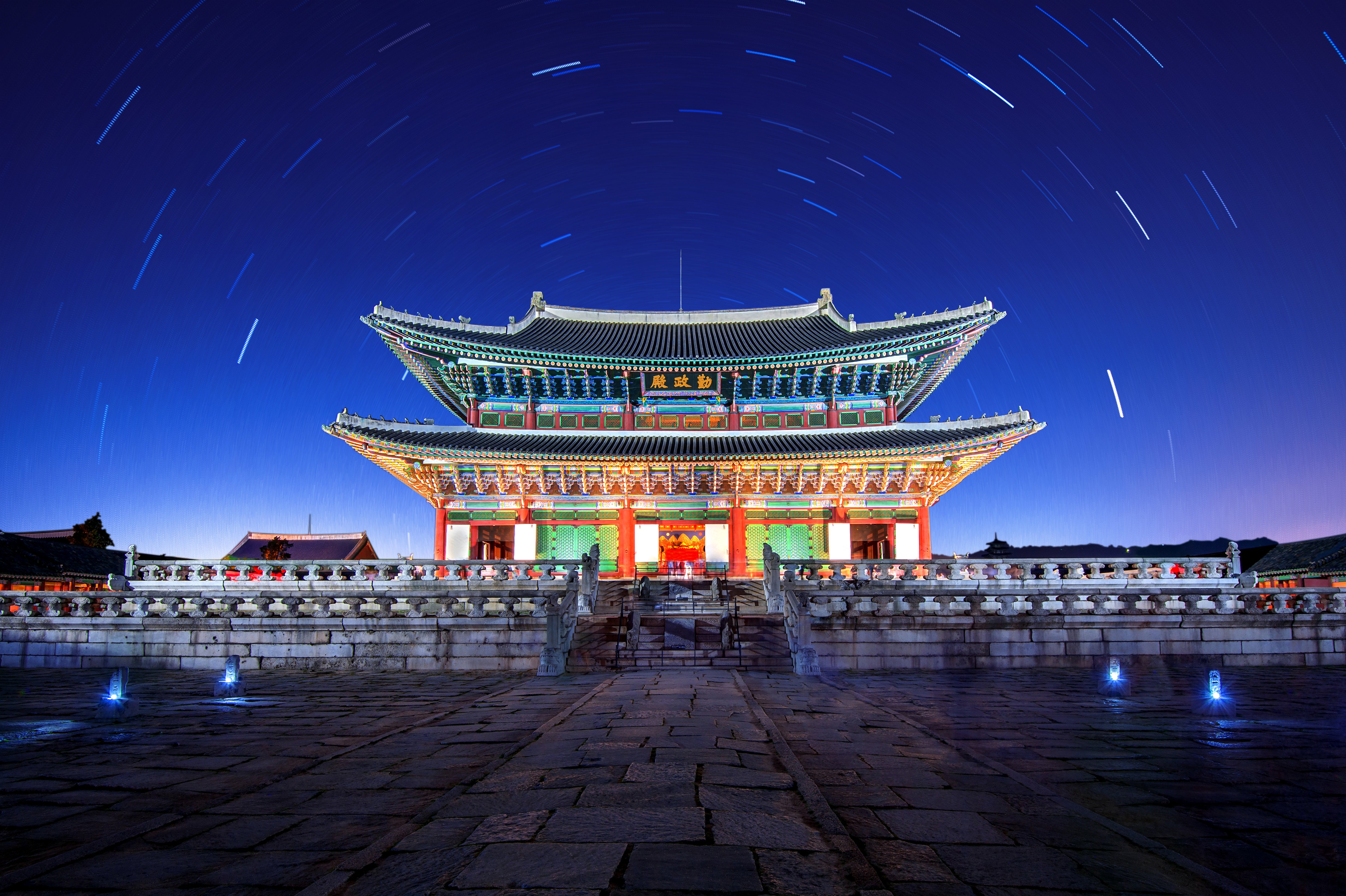 Gyeongbokgung Palace with Star trails at night in Seoul,Korea