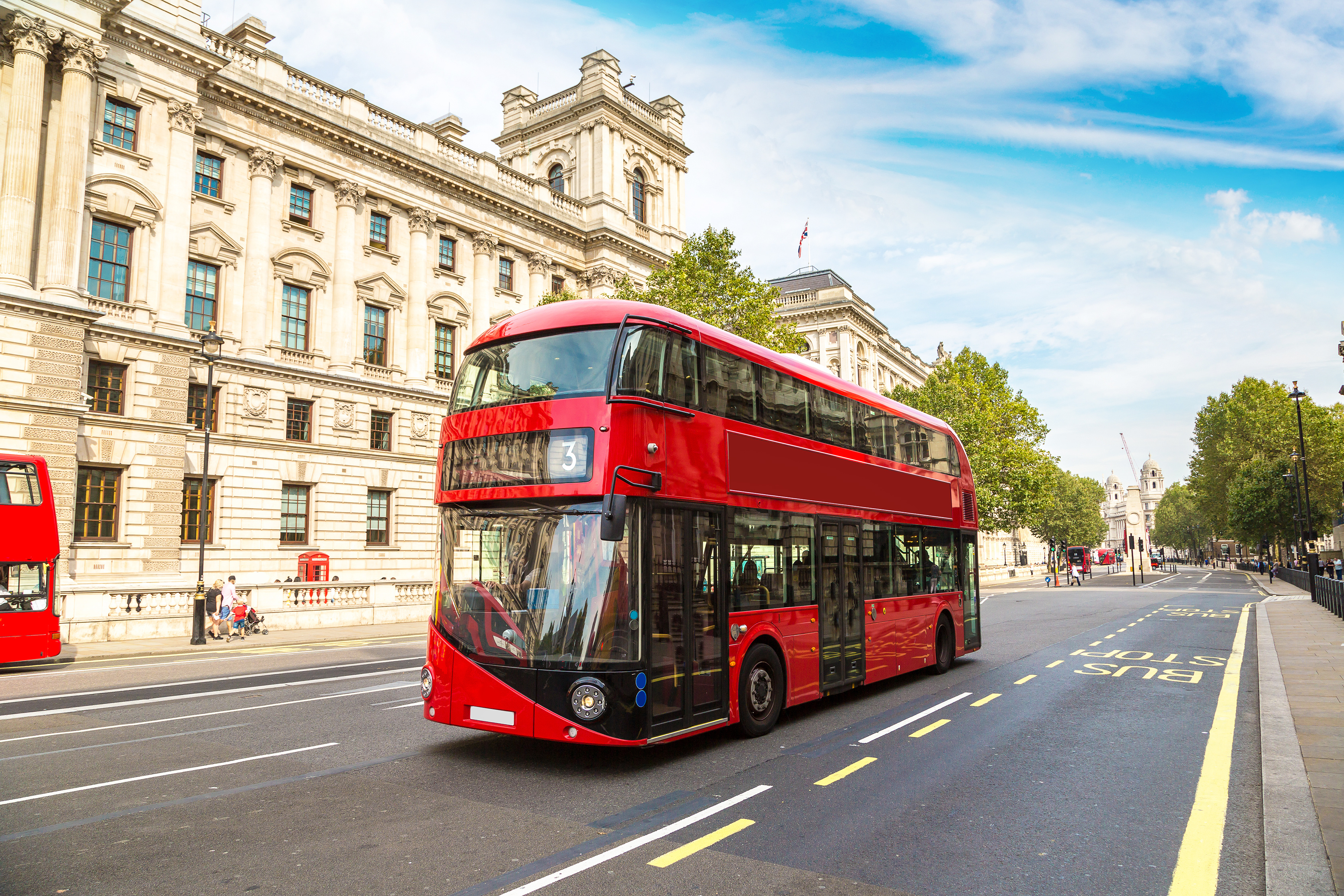 Modern red double decker bus, London