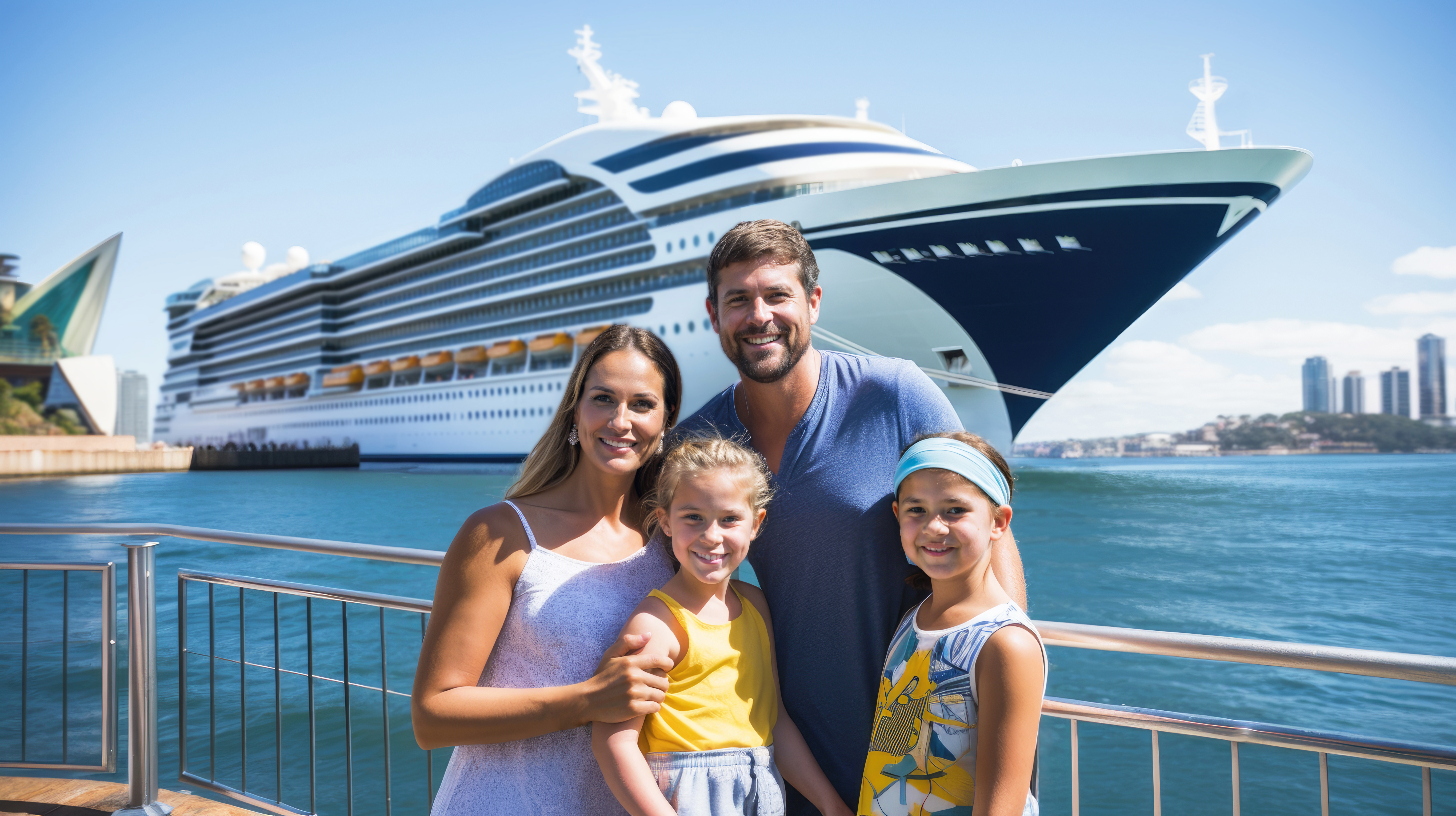 Family in front of a cruise ship