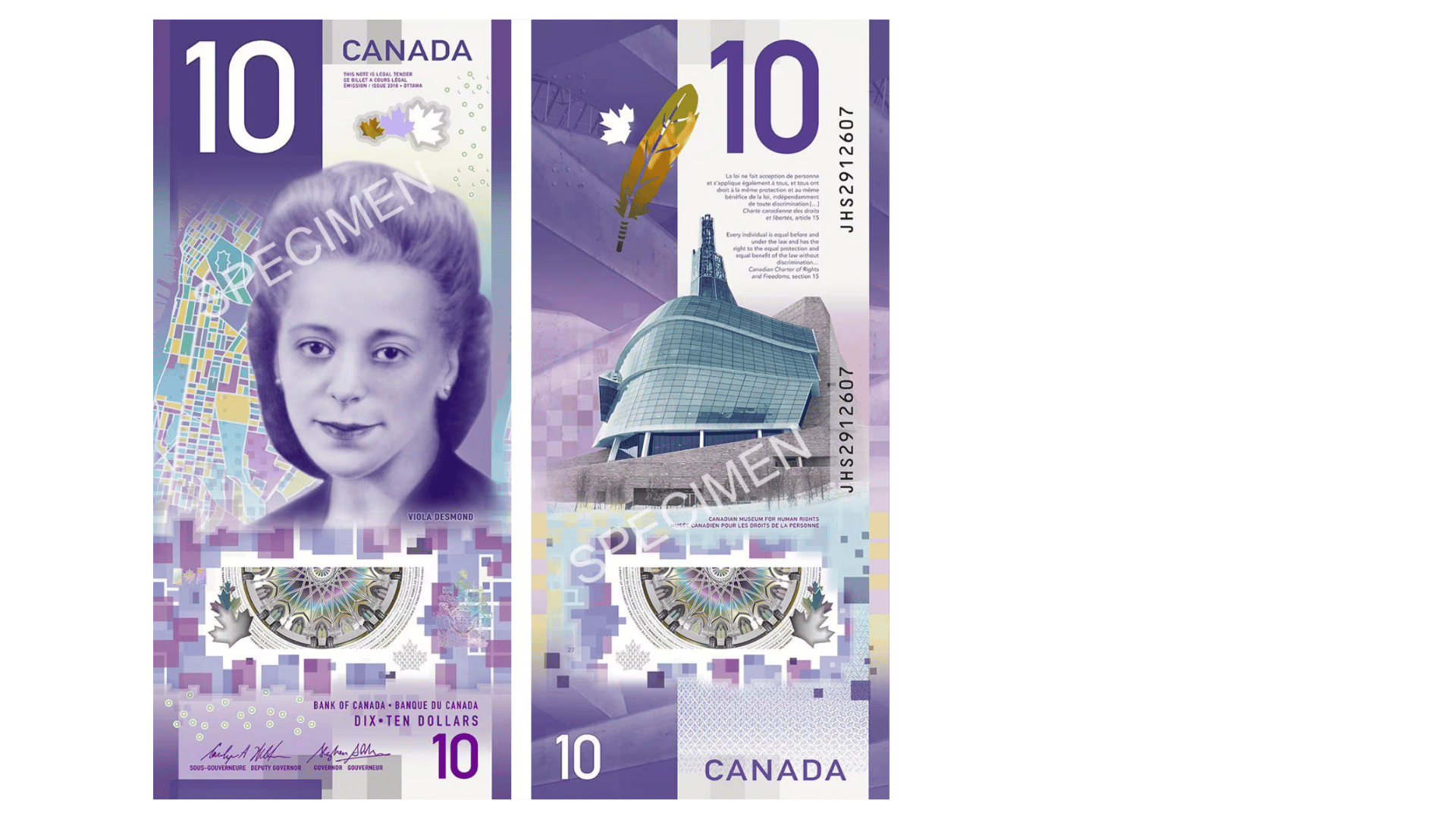 Vertical Canadian 10-dollar banknote featuring Viola Desmond and civil rights imagery