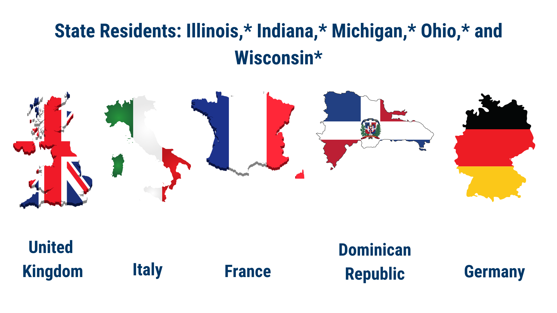 East North Central States: Dominican Republic, United Kingdom, Italy, France, and Jamaica