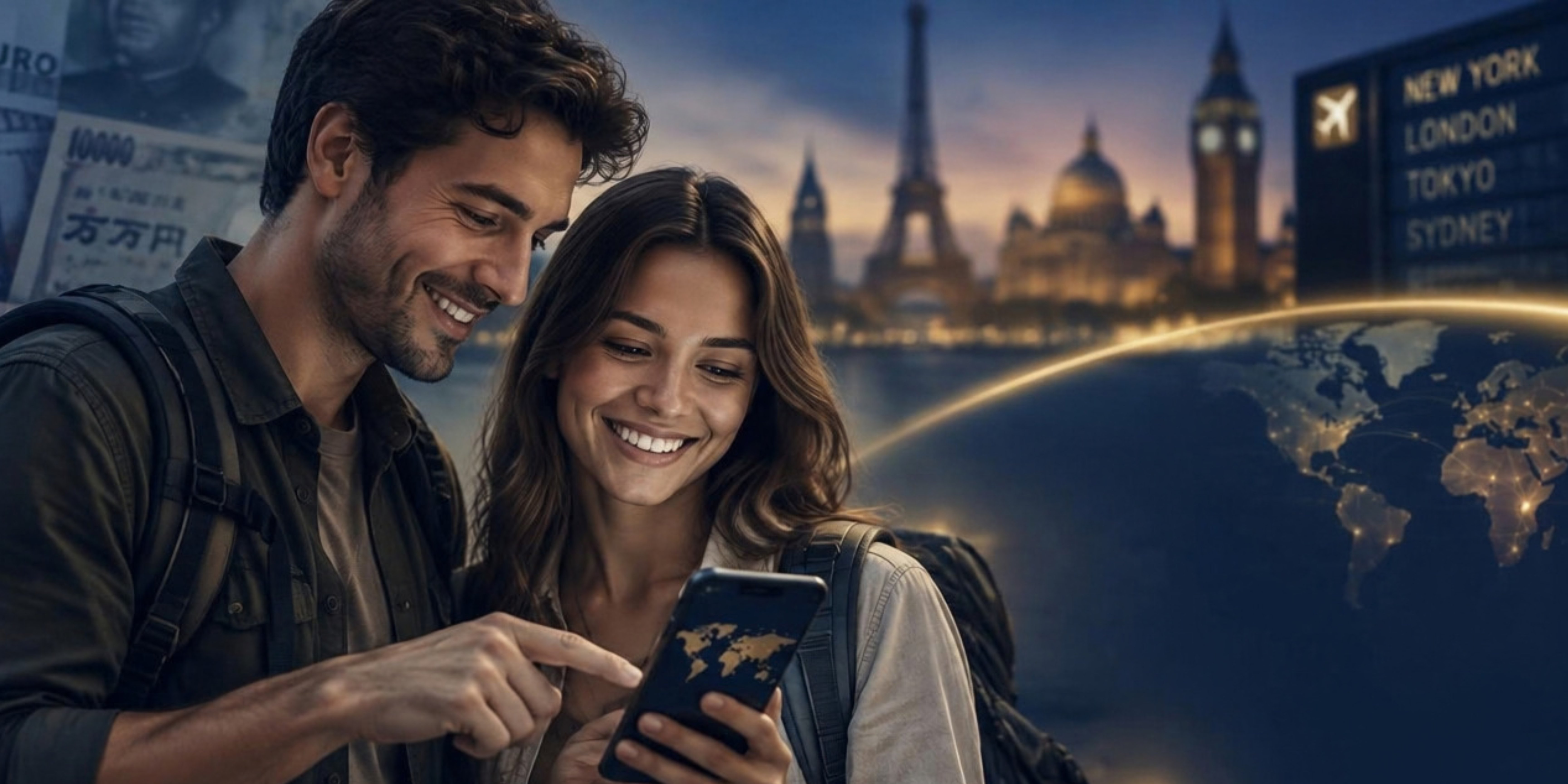 Travelers sharing a referral link on a phone