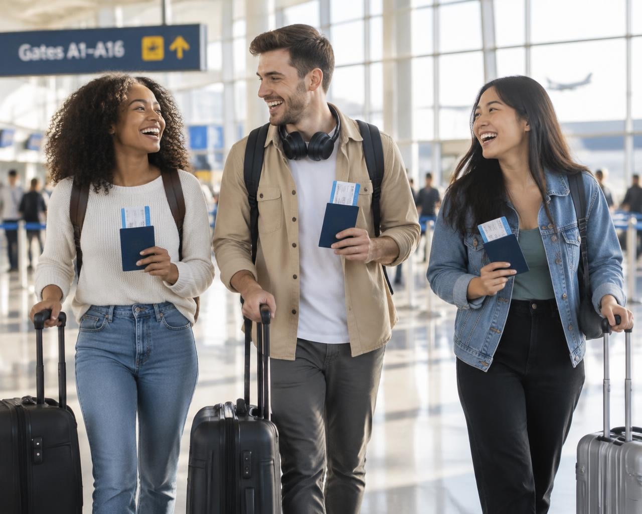 Friends traveling together with passports and luggage
